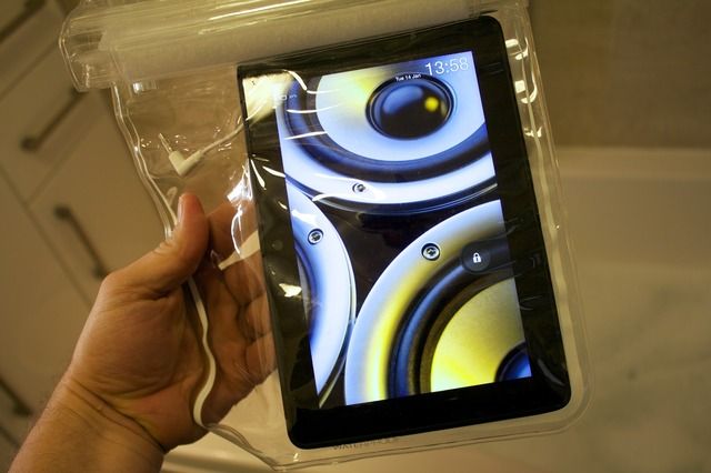 A Kindle Fire in a protective sleeve