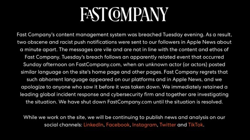 A notice on the Fast Company website after it was hacked.