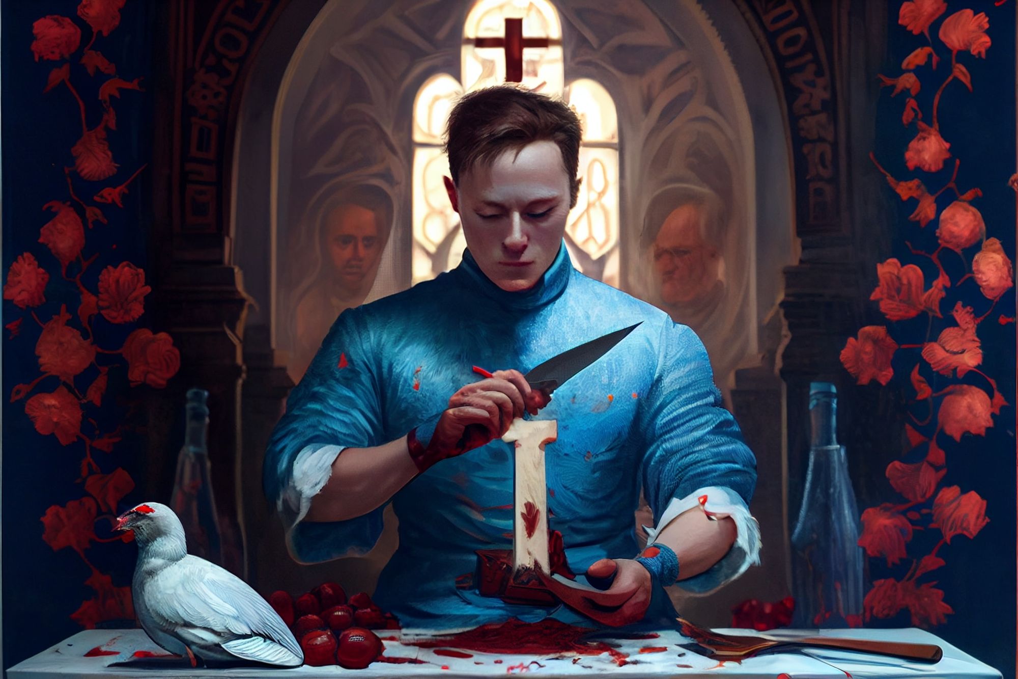 An AI-generated image of Elon Musk ritually sacrificing the Twitter bird