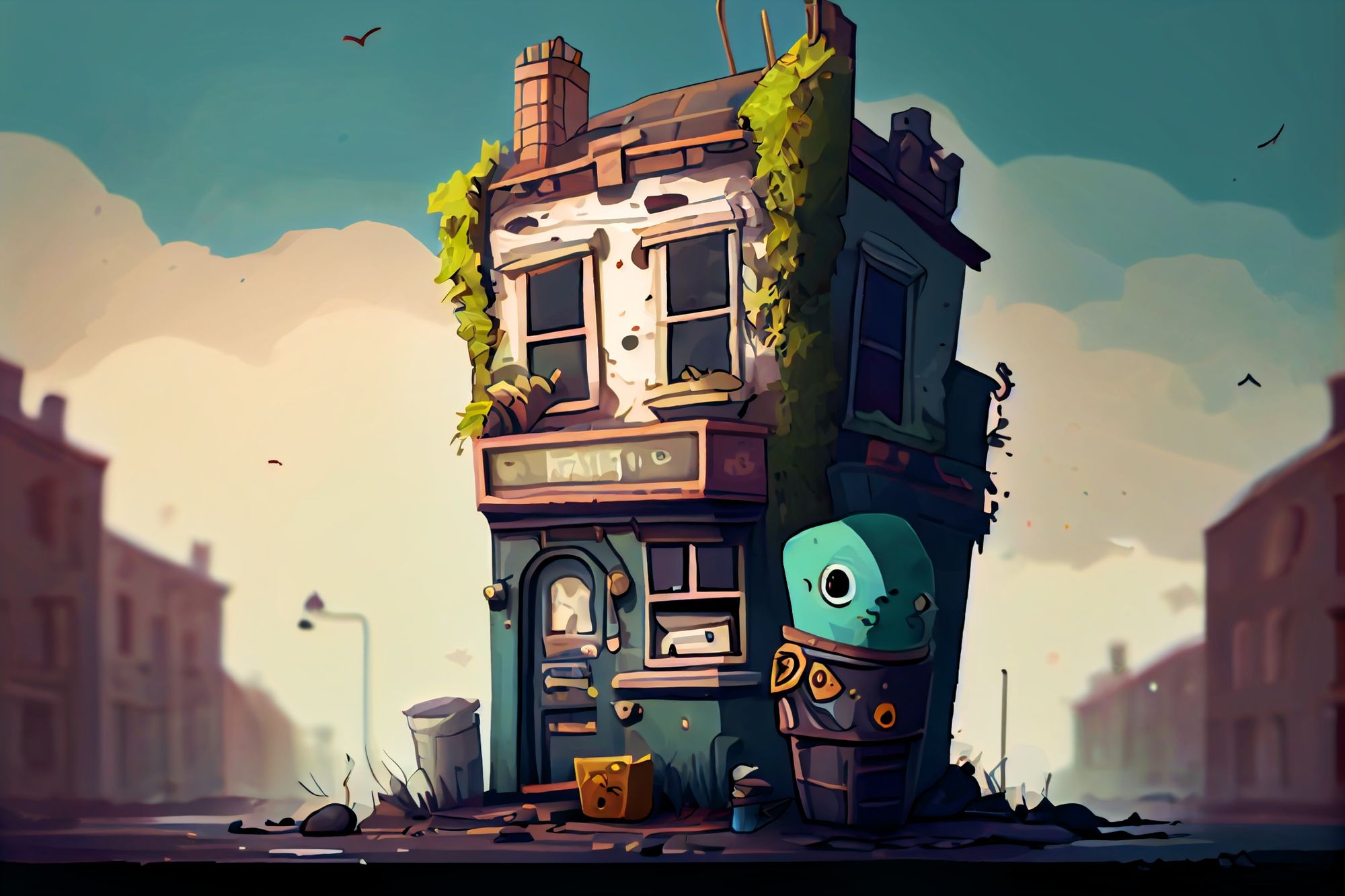 A small, friendly pub in a decaying city.