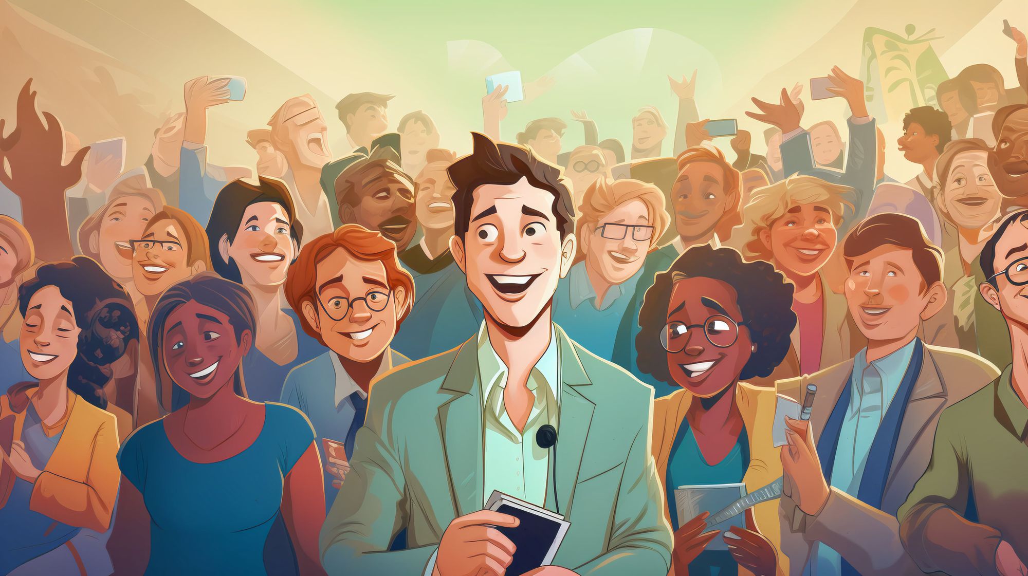 Two journalists surrounding by a happy, chatting community