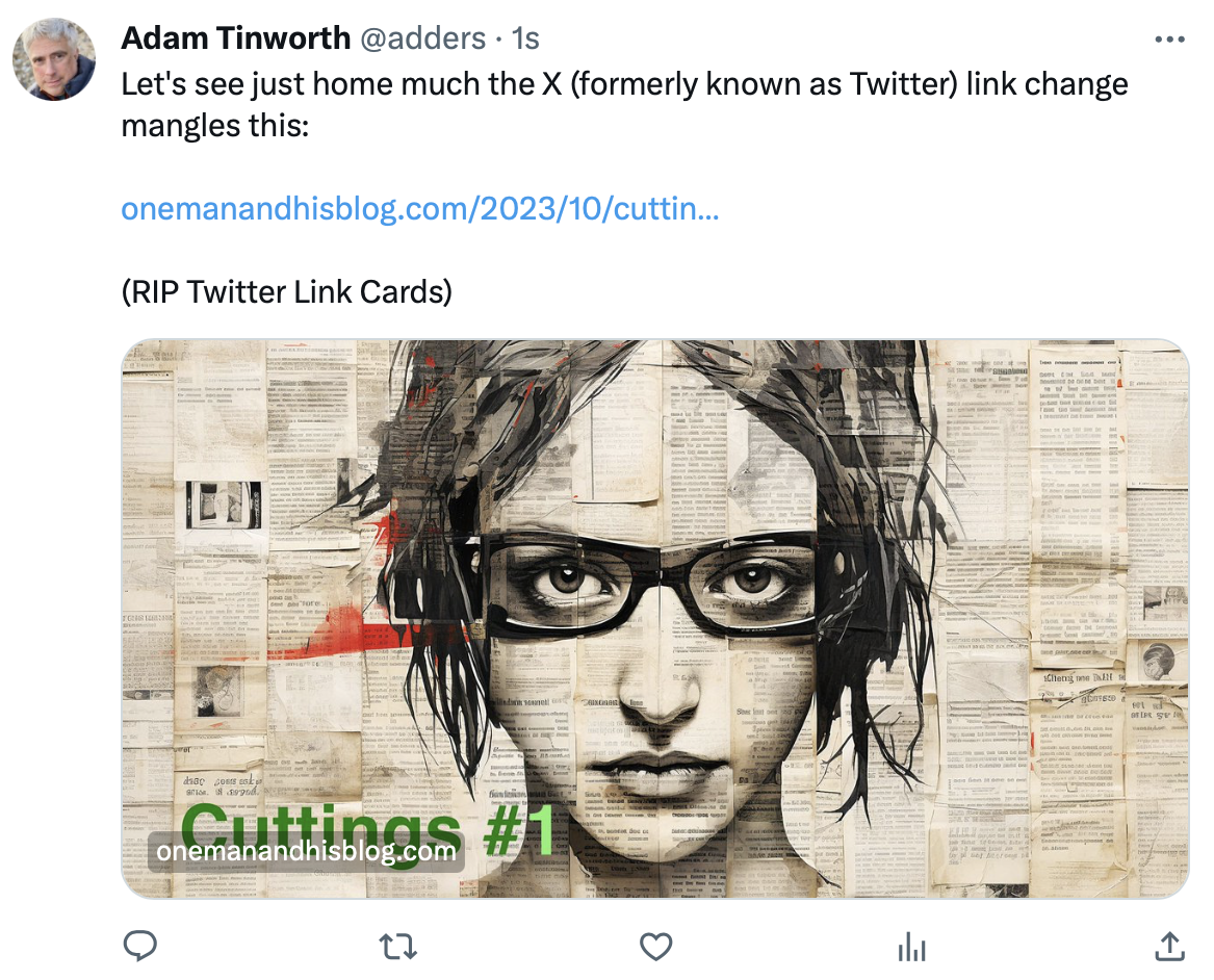 A post on X showing how headlines have been removed from link share posts, and replaced by a small URL tag in the bottom left of the image. 