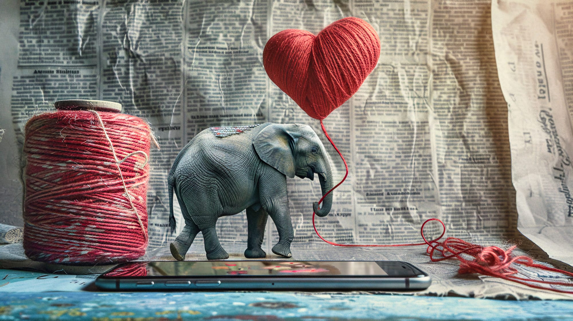 An elephant and a roll of thread, united by their love, represented by a thready heart.