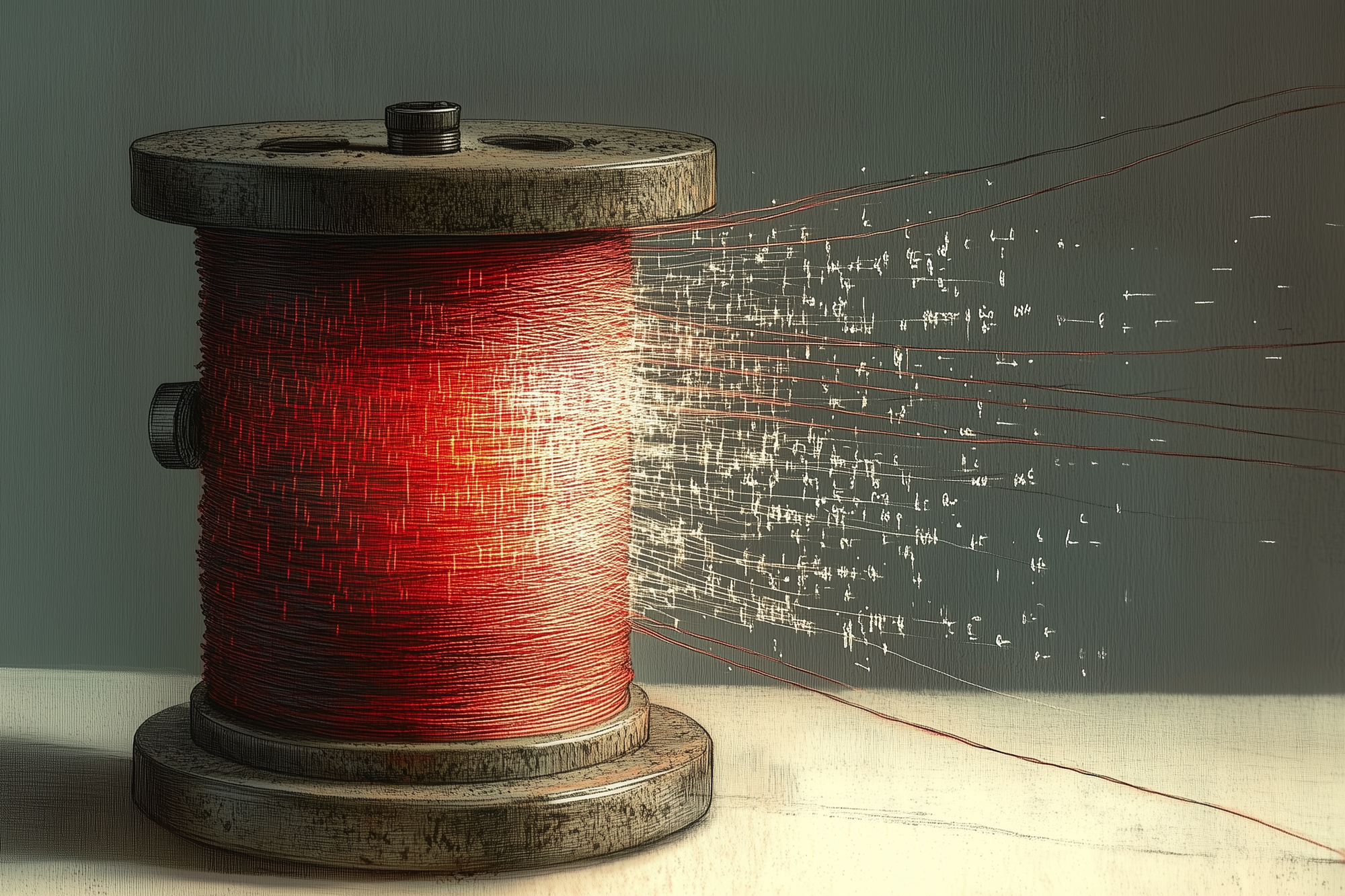 A spool of thread exploding into digital chaos