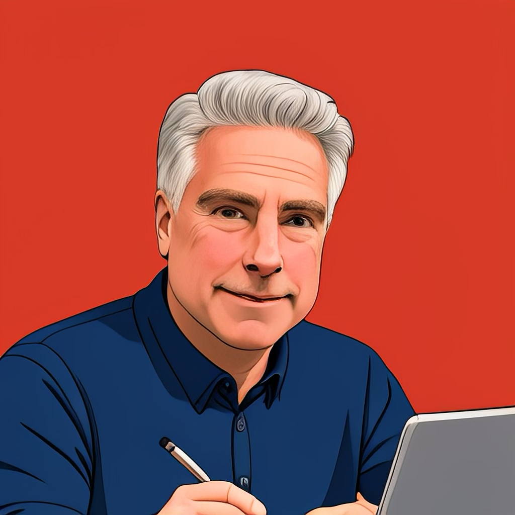 An image of Adam Tinworth at work, generated by Apple's Image Playgrounds app. 