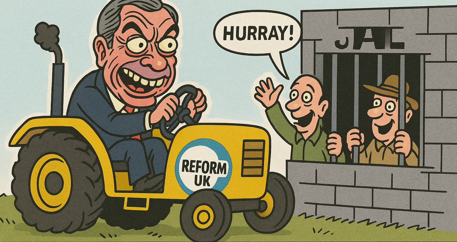 A less sycophantic attempt at a political cartoon about Nigel Farage from ChatGPT.