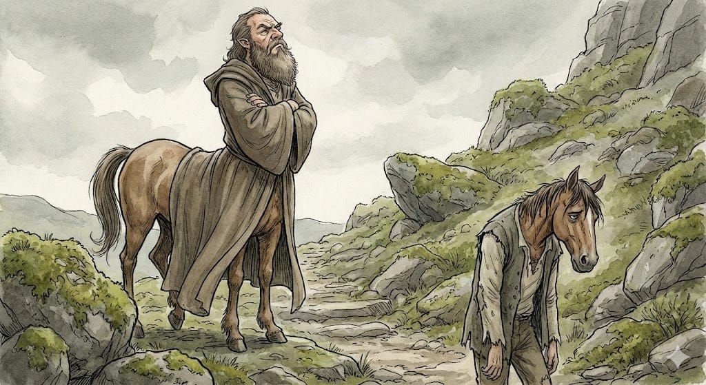 An illustrated scene of a bearded man whose lower body is a horse, standing upright with folded arms on a rocky hillside path, while ahead of him walks a tired-looking man with a horse’s head, slumped and downcast. The landscape is mountainous and sparse, suggesting a role-reversal ‘reverse centaur’ concept.