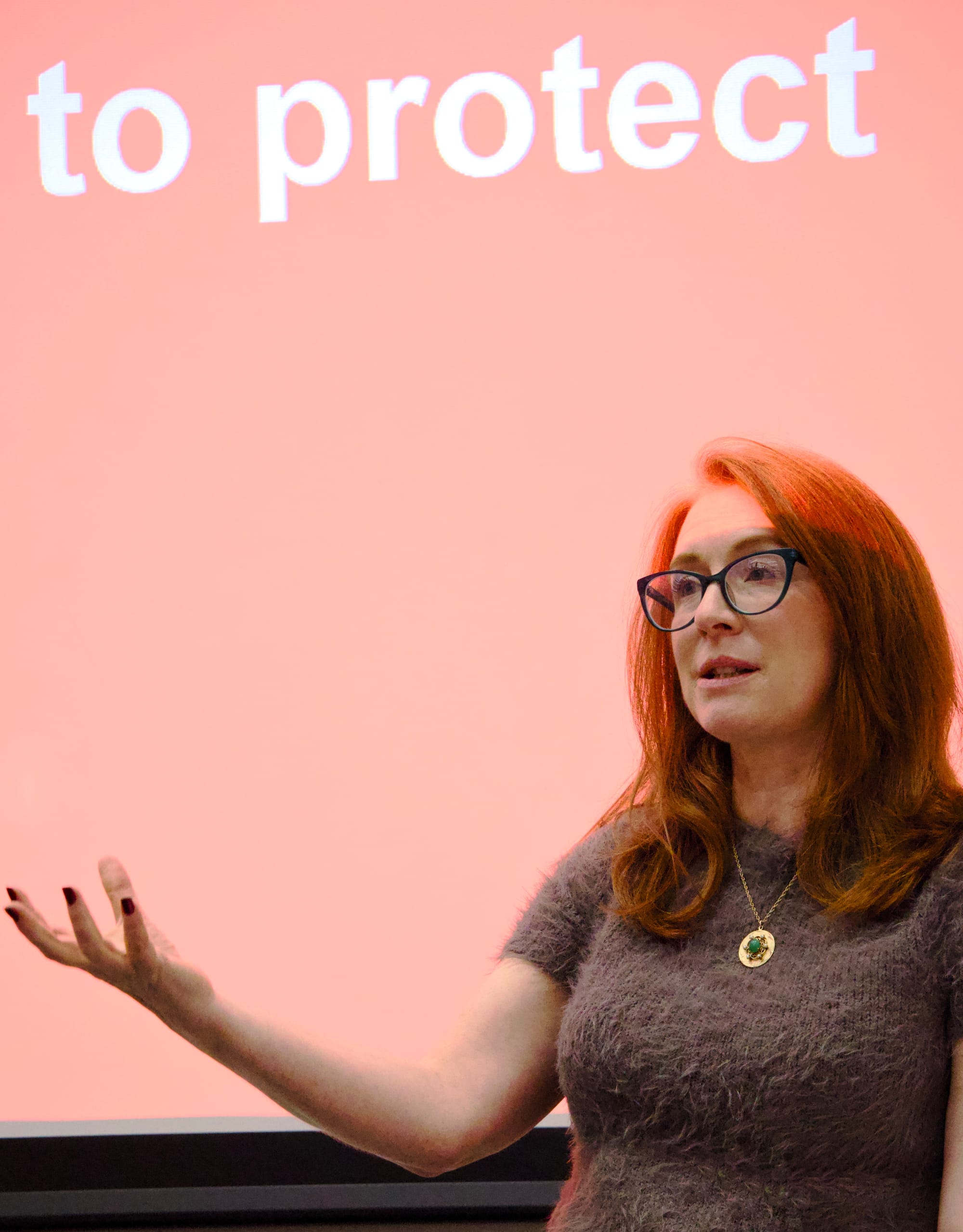 Jodie Ginsberg answering questions after giving the James Cameron Memorial Lecture at City St George's, London