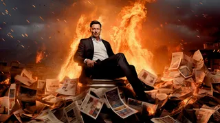 Elon Musk sitting upon a pile of burning newspapers. 
