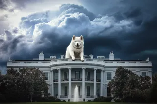 A Shiba Inu dog (the DOGE dog) rests upon the White House as storm clouds gather