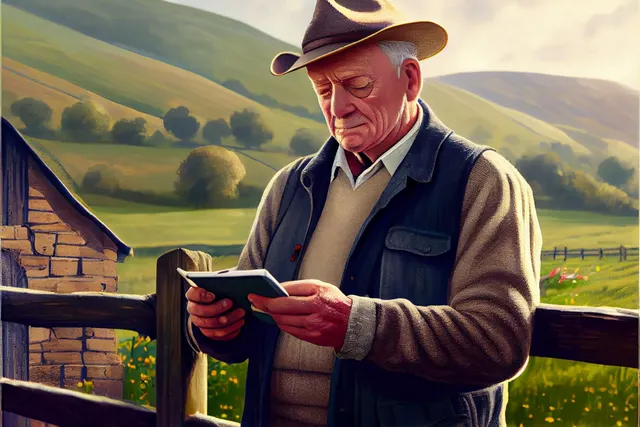 A farmer reading local news on his iPad.
