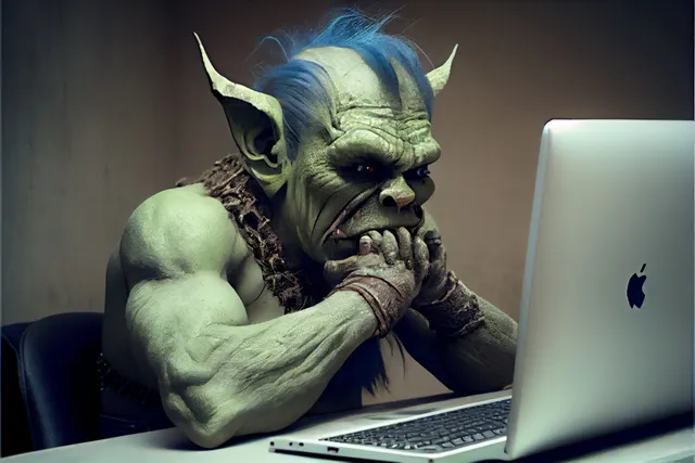 A troll looking sadly at a laptop