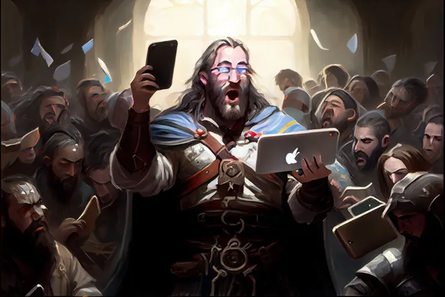 A D&D-style bard holding a laptop and phone, signing about search