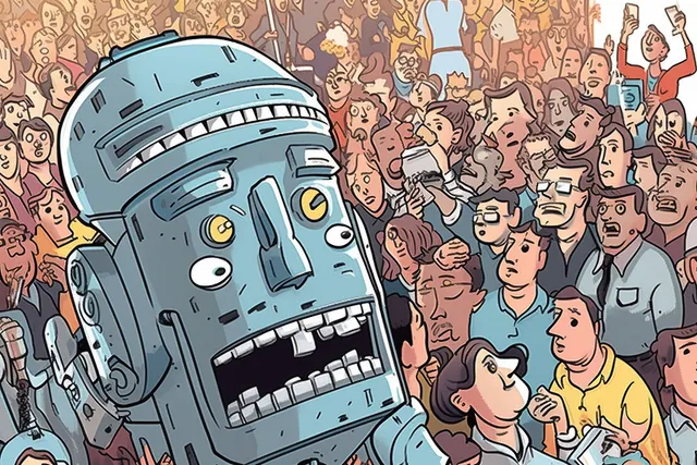 An AI-driven robot spewing lies to a crowd. 