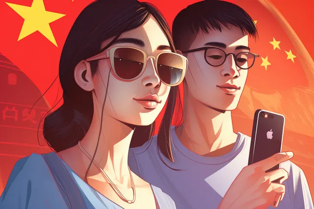 A young woman being watched as she uses TikTok, the Chinese flag in the background. 