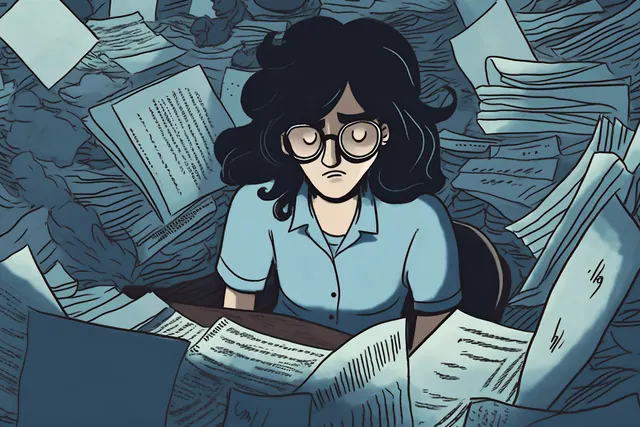 A writer buried in notes on all sides