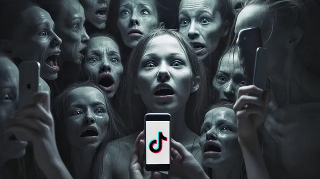A horror image of people being zombified by a phone with TikTok on the screen. 