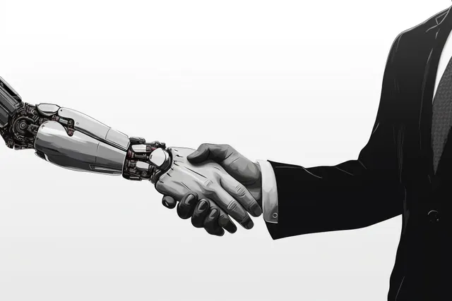 A robot arm shaking hands with a human, after closing a deal