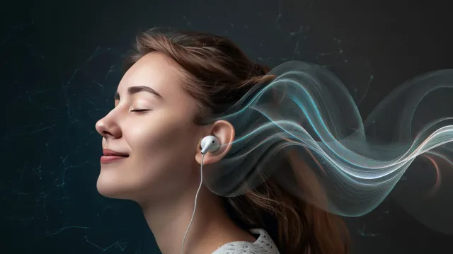 A young woman happily listening to Podcasts 