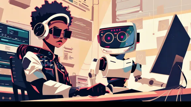 A cartoon of a human supervisor checking the work on an AI robot who has been making social videos. 