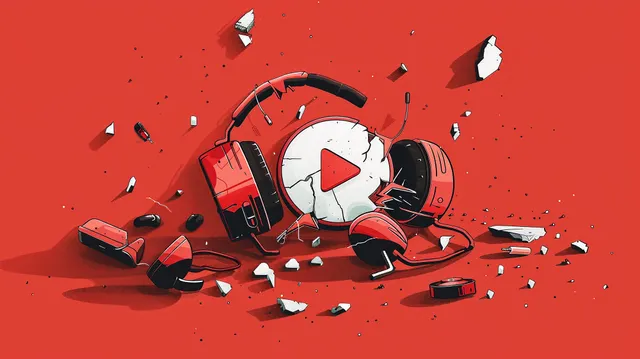 The YouTube logo surrounded by the remains of headphones. 