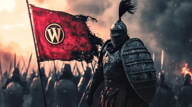 A knight standing in front of a tattered WordPress held aloft by an army.  