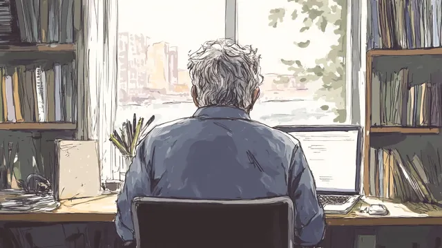 A middle-aged man blogging from a desk overlooking a river.