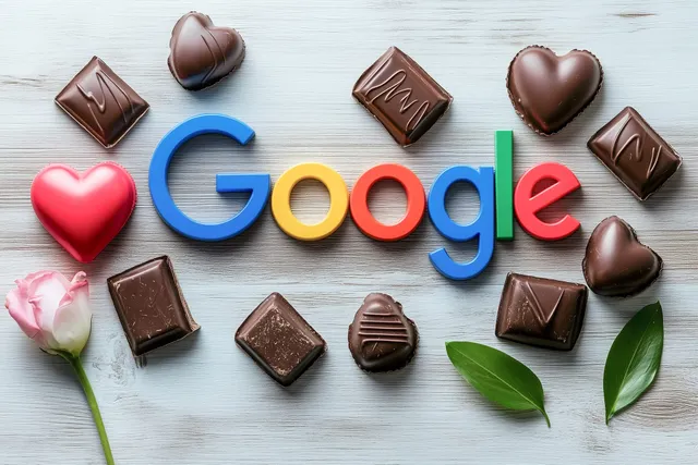 The Google logo surrounded by chocolates, flowers, hearts and other tokens of romance. 