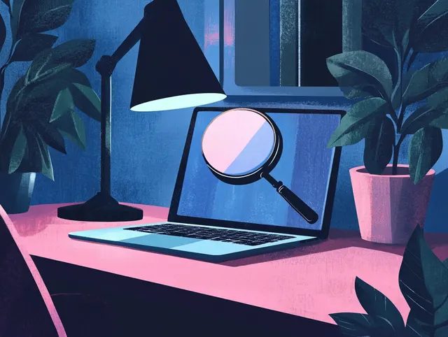 A stylised illustration of a laptop on a desk with the screen showing a magnifying glass.
