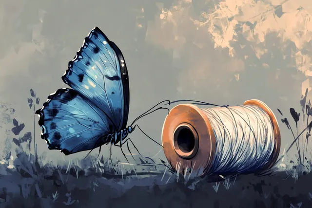 A blue butterfly squares up to a spool of thread…
