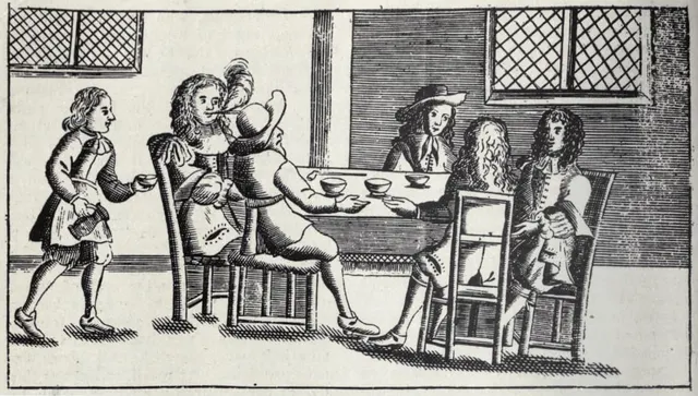 The earliest known image of a coffeehouse dated to 1674, showing the kind of coffeehouse familiar to Samuel Pepys.