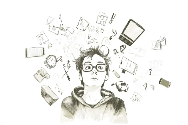 A young person wearing a hoodie. Surrounding their head are floating icons of technology, books, clocks, and devices.