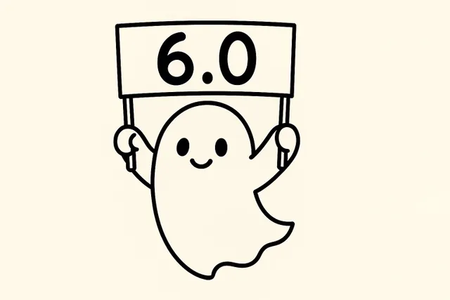 A very cute wee ghost carrying a banner reading 6.0