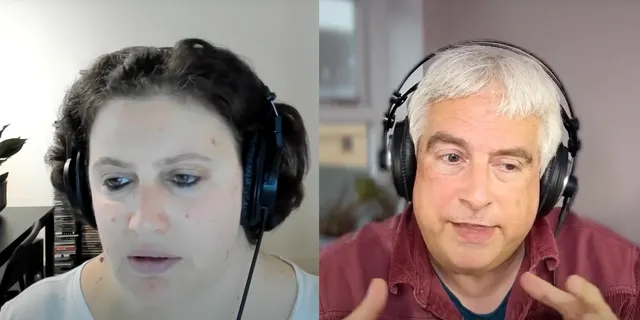 Charlotte Henry and Adam Tinworth recording a podcast together.