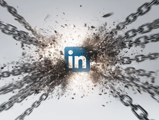 The LinkedIn logo with chains exploding out of it. 