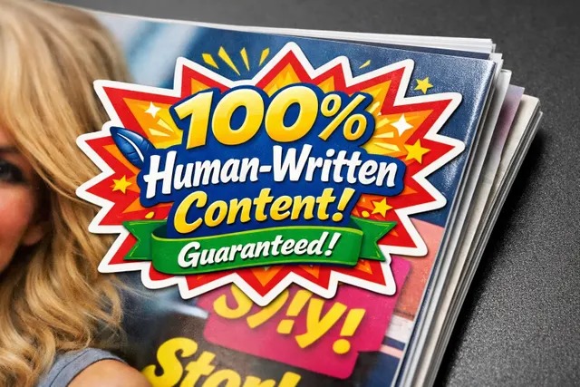An AI-generated image of a 100% human content sticker on a magazine