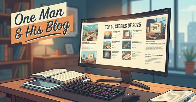A cartoon illustration of a home office with a modern computer screen showing "TOP 10 STORIES OF 2025" and the "One Man & His Blog" logo.