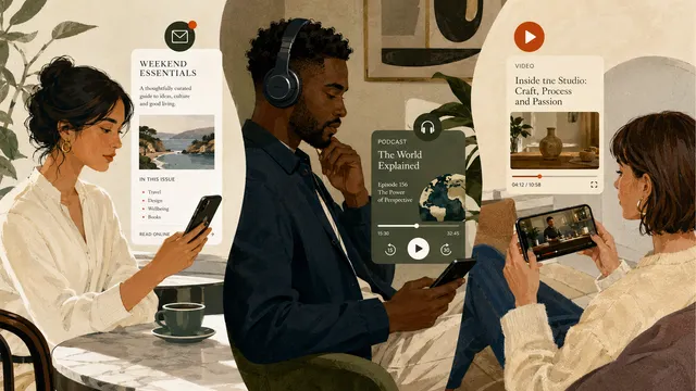 Create a 16:9 format editorial illustration, suitable for an upmarket magazine, of people reading email newsletter, listening to podcasts and watching videos on their mobile phones. 