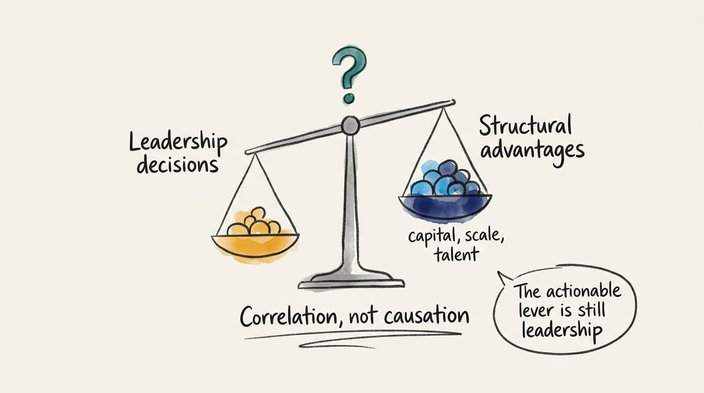 The causal caveat — a balance scale weighing leadership decisions against structural advantages like capital, scale, and talent, with the reminder that correlation is not causation