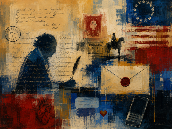 Mixed-media collage illustration of a silhouetted colonial-era figure writing with a quill at a desk, surrounded by a Betsy Ross American flag, a wax-sealed envelope, a Pony Express rider, vi