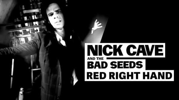 Black-and-white photo of Nick Cave beside the title Nick Cave and the Bad Seeds, Red Right Hand
