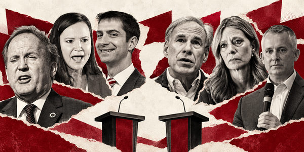 Two empty podiums, with Ken Paxton, Ashley Moody, Tom Cotton, Greg Abbot, Amy Acton and David Jolly looming over them.
