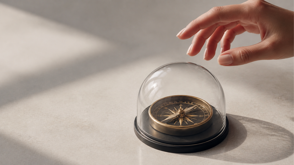 A hand reaches toward a compass under a clear glass dome on a softly lit surface.
