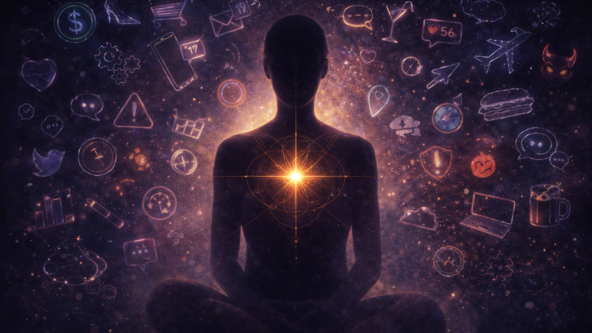 A silhouetted seated figure with a glowing light at the heart, surrounded by floating symbols, icons, and cosmic light.