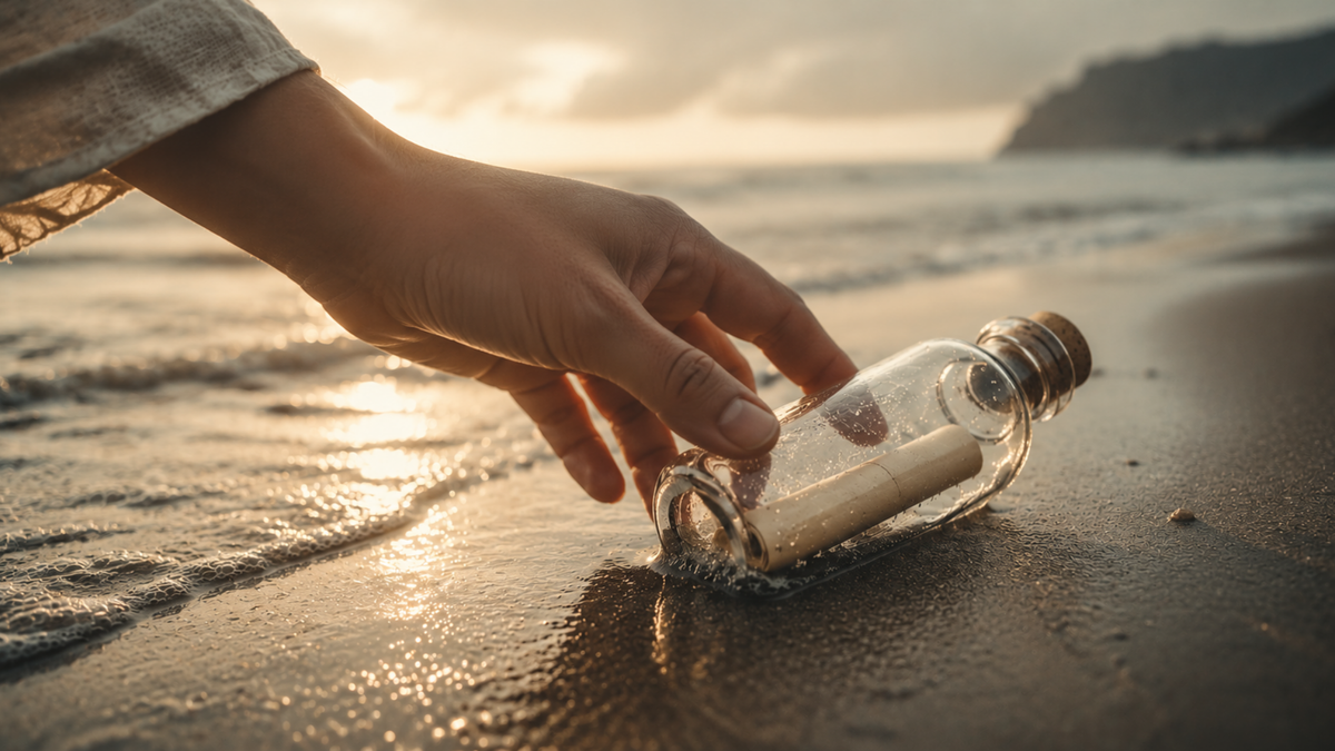 A hand reaches for a glass bottle holding a rolled note on wet sand beside ocean waves at sunset.