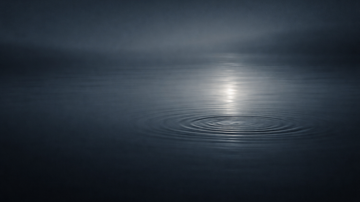 A single set of ripples spreads across dark still water, reflecting soft light in a quiet blue-gray scene.