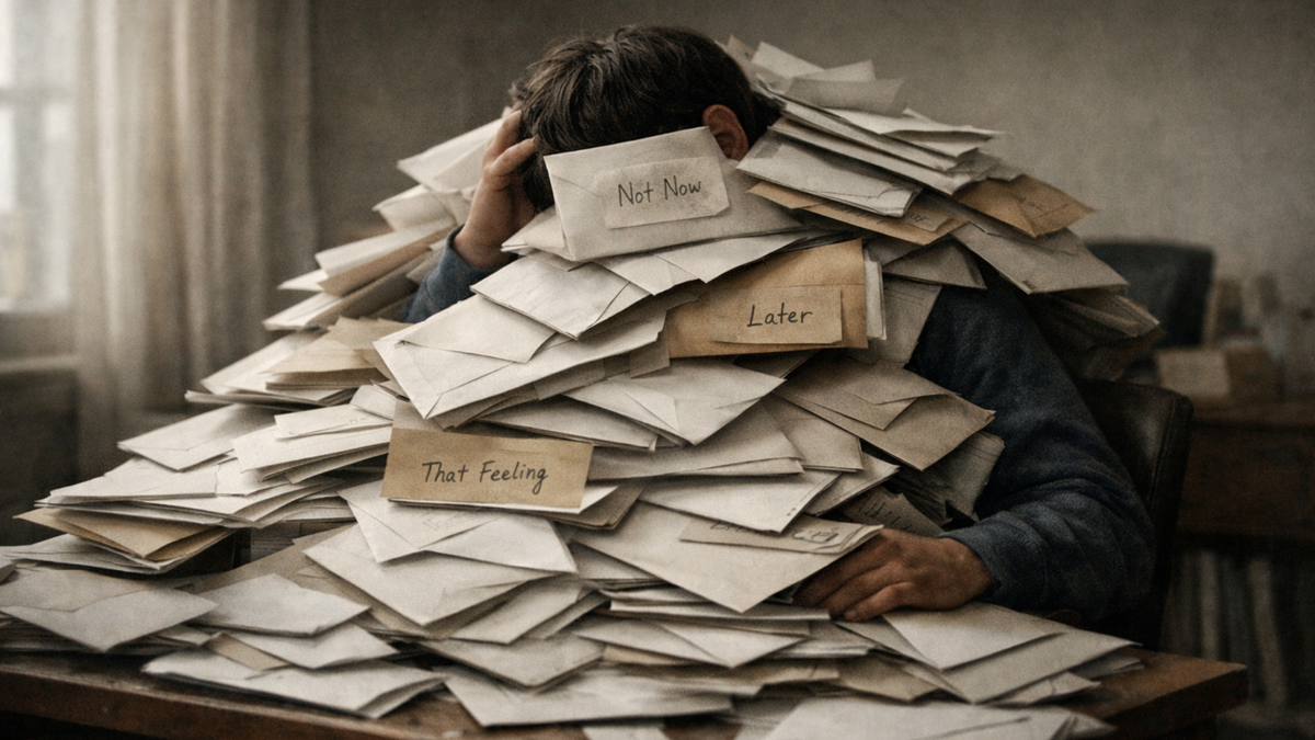 A person sits buried under a large pile of envelopes, including notes labeled “Not Now,” “Later,” and “That Feeling.”