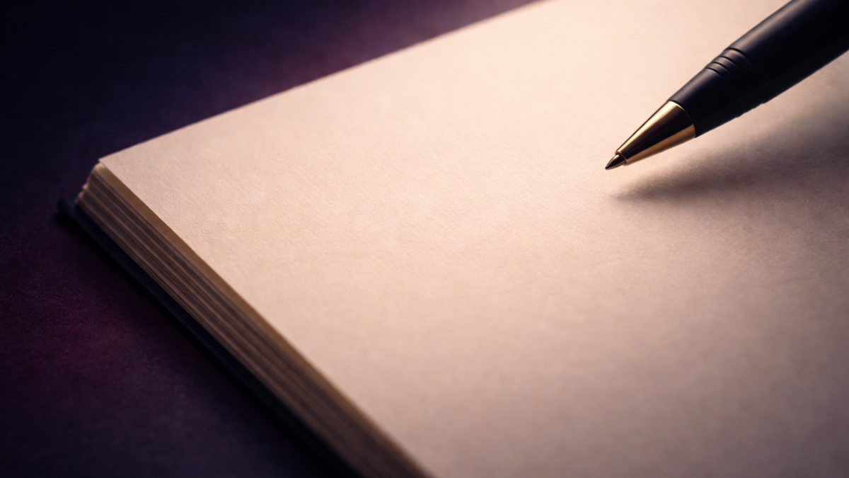A hand holds a pen over an open notebook, suggesting the choice to rewrite an old personal story.