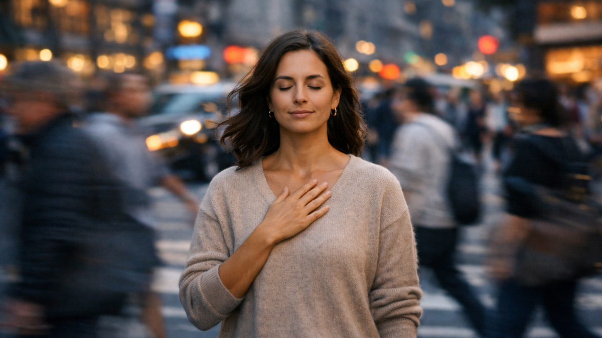 A woman stands calmly with her eyes closed and one hand on her chest as blurred city traffic and pedestrians move around her.