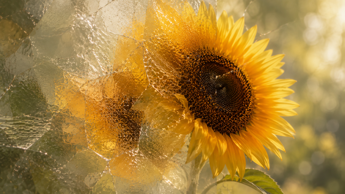 A sunflower appears clear on one side and distorted on the other through layered textured glass, cracks, smudges, and translucent filters.